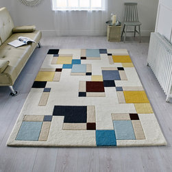 Illusion Abstract Blocks Rugs in Blue and Ochre - Floor Rugs