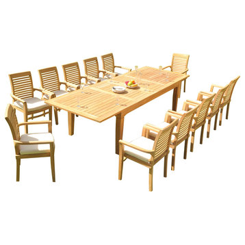 13-Piece Outdoor Teak Dining Set 122" Rectangle Table,12 Mas Stacking Arm Chairs