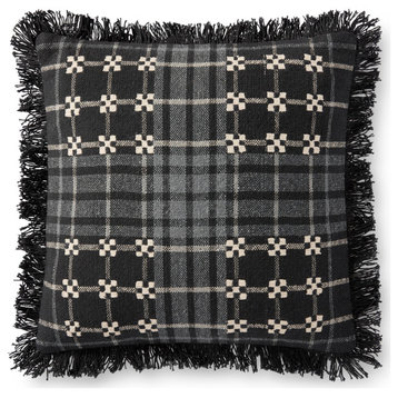 Black/Gray 18"x18" Handwoven Updated Traditional Fringed Plaid Pillow