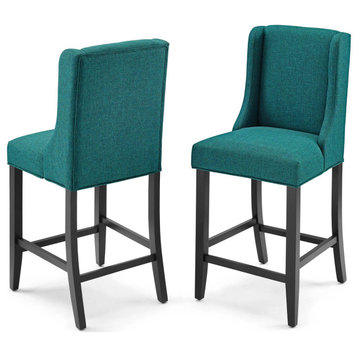 Counter Stool Chair, Set of 2, Fabric, Wood, Teal Blue, Modern, Bar Pub Bistro