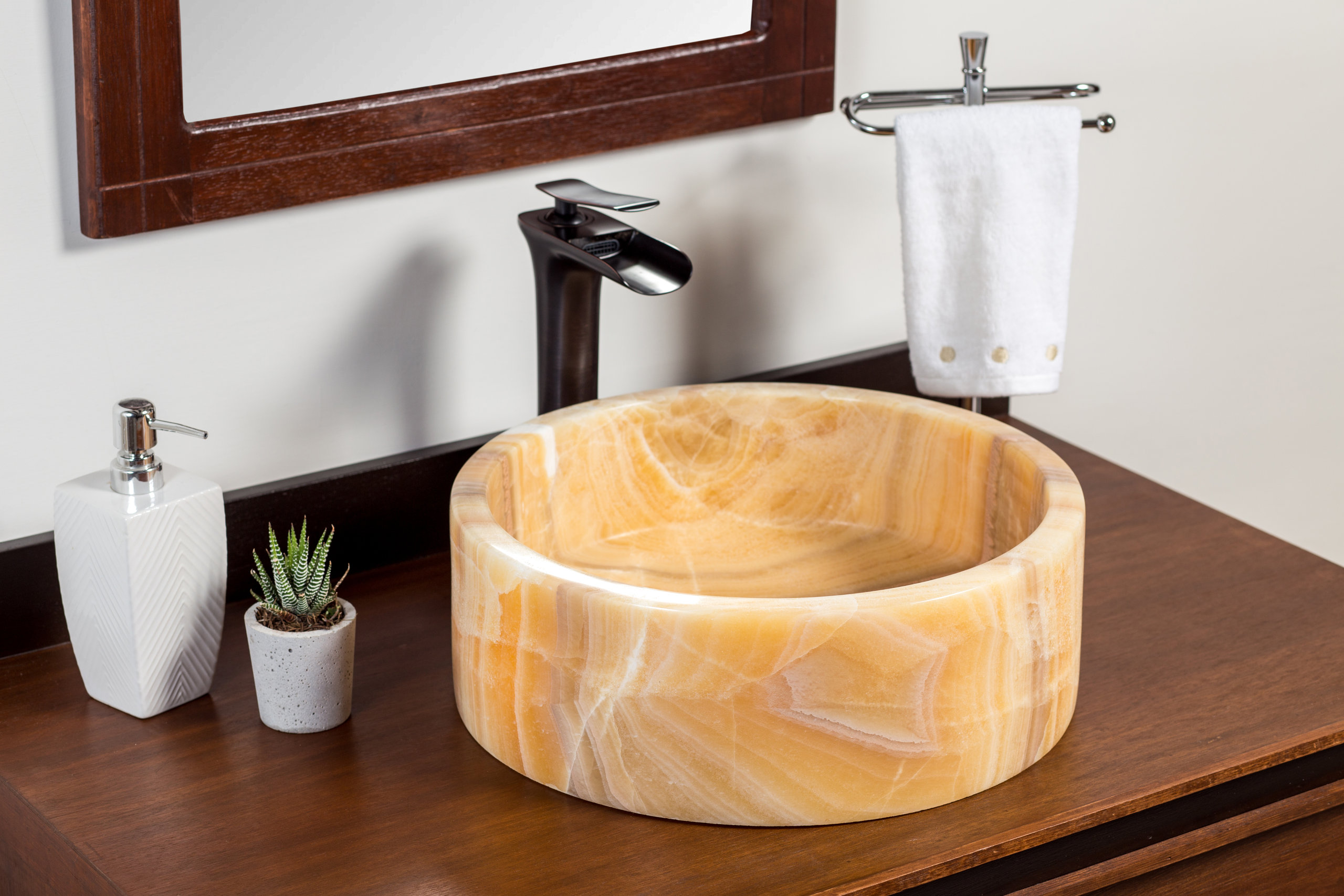 Natural Stone Vessel Bathroom Sink, Blizz Honey Onyx