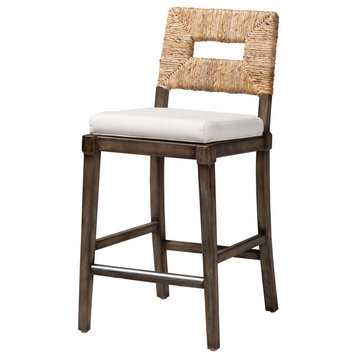 Modern Bohemian Dark Brown Finished and Natural Rattan Counter Stool