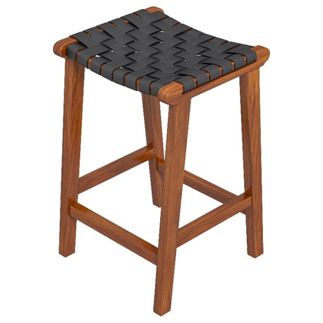 Yala Mid Century Modern Black Woven Leather Counter Stool