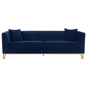 Everest 90" Blue Fabric Upholstered Sofa with Brushed Gold Legs