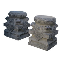Pair Chinese Foo Dog Carving Stone Base Garden Stool Tables - Garden Statues And Yard Art