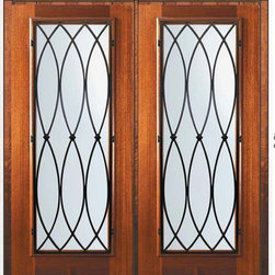 Pre-hung Double Door 80 Wood Mahogany La Salle Full Lite Wrought Iron - Front Doors