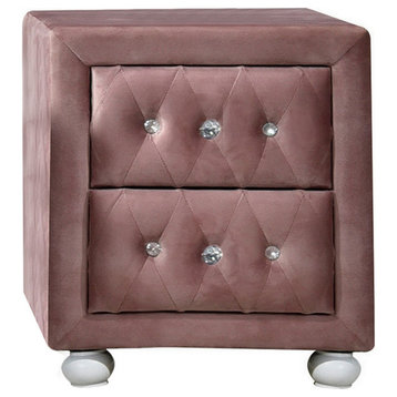 Benzara BM279727 17" Upholstered Nightstand, 2 Drawer, Crystal Handles, Pink