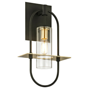 Smyth Small 1-Light Outdoor Wall Sconce, Bronze and Brass Finish, Clear Glass