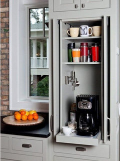 Hidden Coffee Maker and Microwave in Pantry Cabinets with Fold In Doors -  Transitional - Kitchen