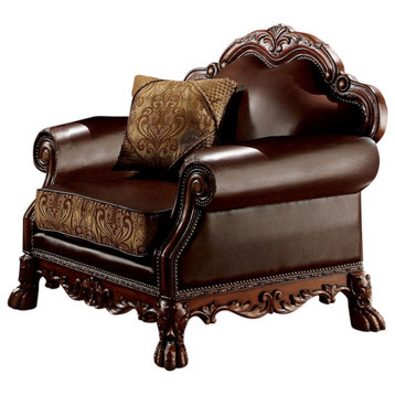 Dresden Chair With 1 Pillow, Brown PU and Chenille, Cherry Oak
