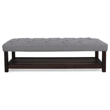 Pelon Contemporary Button Tufted Bench With Shelf, Gray/Dark Walnut