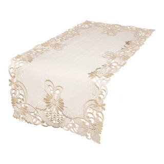 Delicate Daisy Embroidered Cutwork Table Runner, Ivory, 15