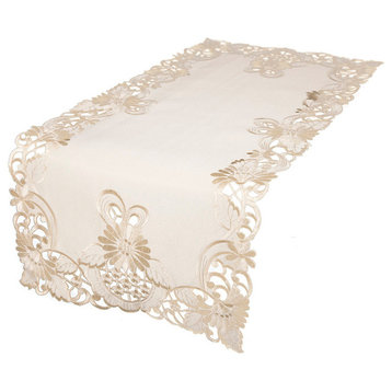 Delicate Daisy Embroidered Cutwork Table Runner, Ivory, 15"x34"