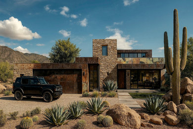 Mid-sized modern multicolored two-story metal exterior home idea with a mixed material roof and a brown roof