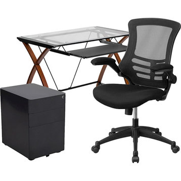 Flash Glass Desk, Chair/Filing Cab/Side Handles, Black