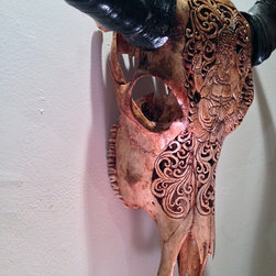 Hand Carved Skull - Water Buffalo, Ganesha Design, Tea Colored - Artwork