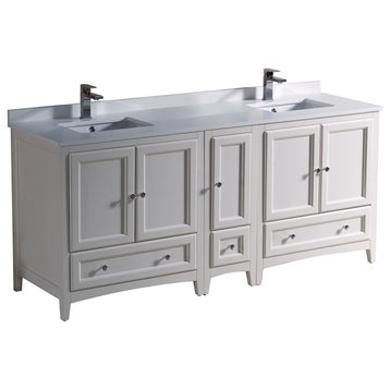 Oxford 72" Double Sink Bathroom Cabinet, Antique White, With Top and Sinks