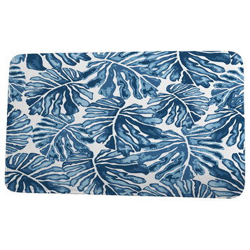 Tropical Resort Palm Leaves Floral Print Bath Mat, Blue, 17"x24"