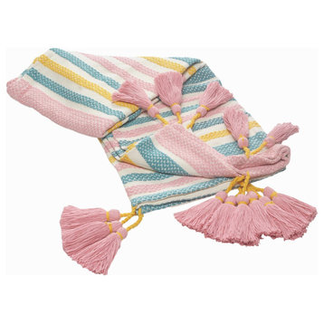 Pink, Blue, and Sunny Striped Throw Blanket With Tassels