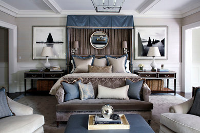 Inspiration for an expansive traditional master bedroom in Dallas with beige walls, carpet and beige floor.
