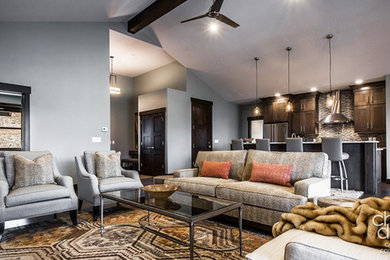 Example of a small minimalist single-wall dark wood floor open concept kitchen design in Salt Lake City with an undermount sink, recessed-panel cabinets, dark wood cabinets, granite countertops, gray backsplash, glass tile backsplash, stainless steel appliances and an island