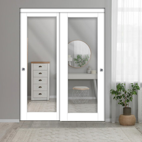 Mirror 2 Panels Solid Oak Wood Sliding Bypass Closet Door Premium Line, Oak Wood White Painted, 36"x80" (2x18"x80") Inches