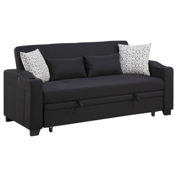 Bennett 71"W Fabric Convertible Sleeper Loveseat With USB Charger, Black