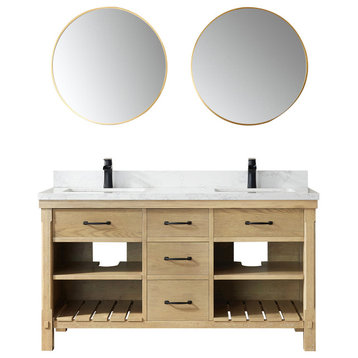 Valencia Vanity, White Composite Top, Washed Ash, 60", With Mirror