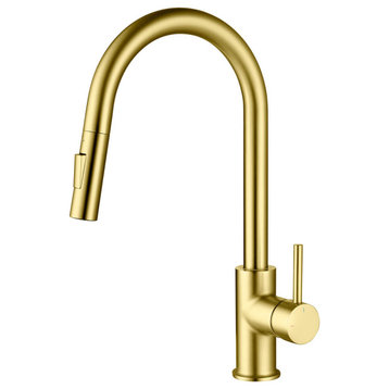 Circular Single Handle Pull Down Kitchen Faucet, Brushed Gold