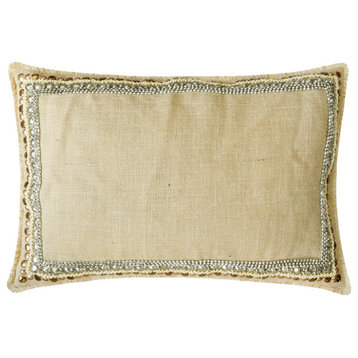 Beige Burlap 12"x18" Lumbar Pillow Cover, Lace Beads Sequins Embroidery Soraya