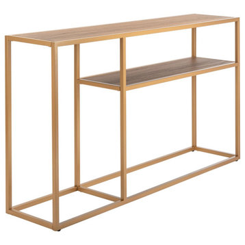 Contemporary Console Table, Gold Metal Frame With 2 Spacious Tiers, Walnut