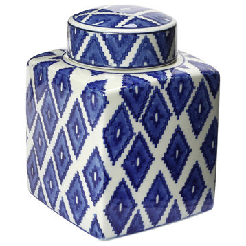 Decorative Diamond Square Ceramic Ginger Jar With Lid, Blue and White