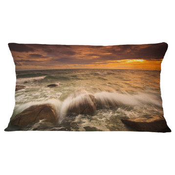 Rushing Ocean Waves into Rocks Seascape Throw Pillow, 12"x20"