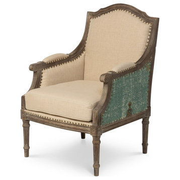 Bergere Style Vintage Upholstered Arm Chair, Fully Assembled Wooden Lounge Chair