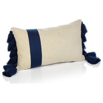 Positano 12"x20" Embroidered Throw Pillow with Tassels, Dark Blue