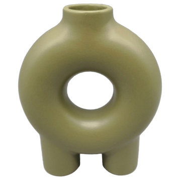 Cer,7",donut Footed Vase,olive