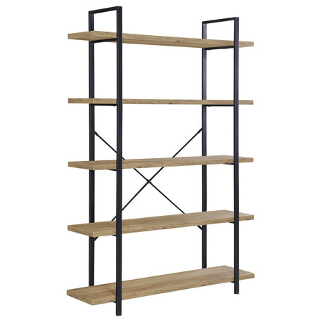 Industrial Bookcase Open Etagere Book Shelf Metal/Wood, Rustic Oak, 5 Shelves