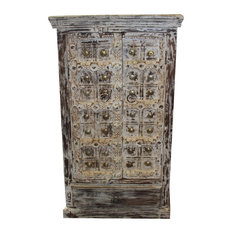 Mogul Interior - Consigned Antique Indian Wooden Cabinet Rustic Storage Brass Medallion Armoire - Armoires and Wardrobes