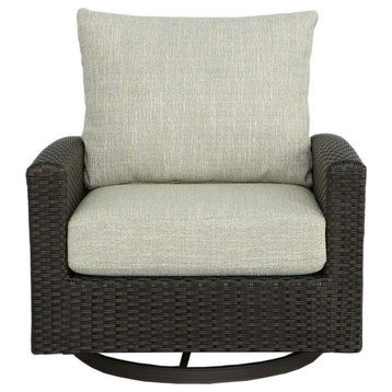 Tahiti Wicker Swivel Chair, Mahogany Brown/Gray-Beige Fabric