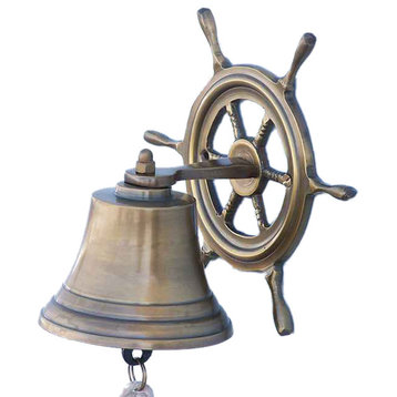 Antique Brass Hanging Ship Wheel Bell 7'', Brass Bell, Nautical Decor