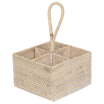 Loma Rattan Bottle and Silverware Caddy, White-Wash