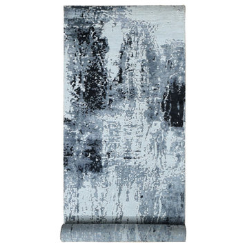 Gray With Black Abstract Design Wool Silk Hand Knotted Runner Rug 4'2" x 13'1"