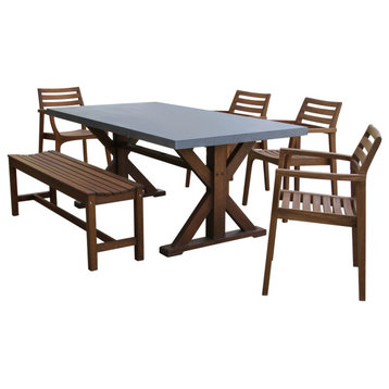 6-Piece Dining Set With Composite Concrete Top, Backless Bench & Stacking Chairs