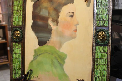 Dame en vert: cadre en cuir, mosaïque et verre de Murano