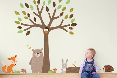 Woodland tree wall sticker with animal accessories