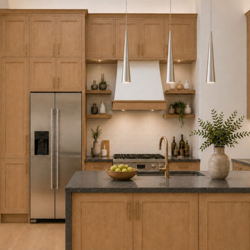 Warm Oak Kitchen Design with Shaker Cabinets and Stone Island