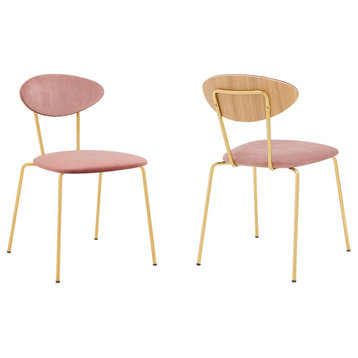 Neo Pink Velvet and Gold Metal Leg Dining Room Chairs, Set of 2