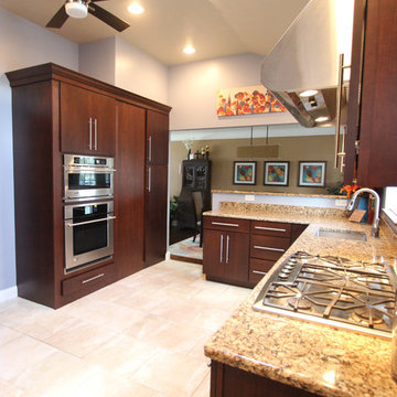 Transitional Cherry Kitchen with Tempered Rain Glass Backsplash