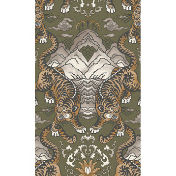 Tiger Chinese Inspired Textured Wallpaper, Khaki, Double Roll