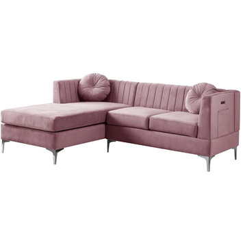 Unique Sectional Sofa, Velvet Seat With Channel Tufted Back & USB Ports, Pink